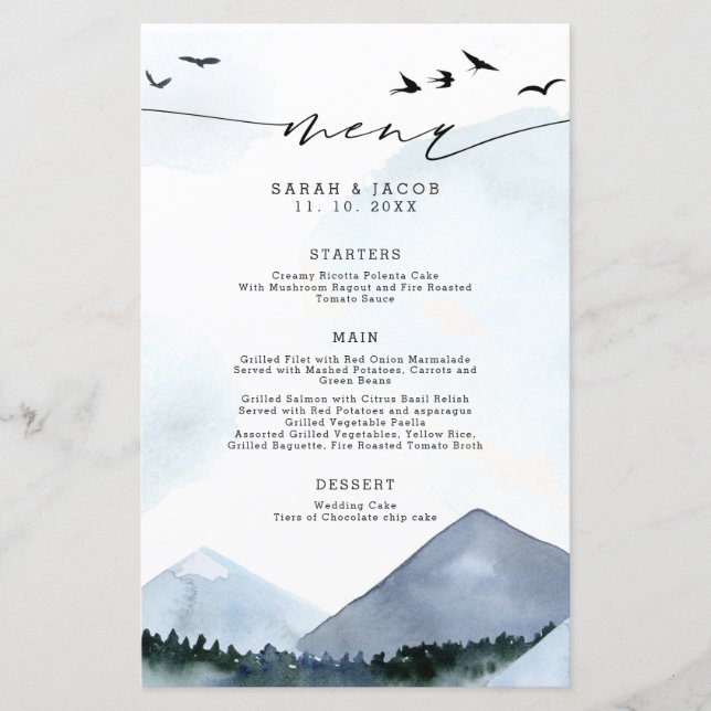 Chic Slate Blue Mountains Bröllop Menu (Framsida)