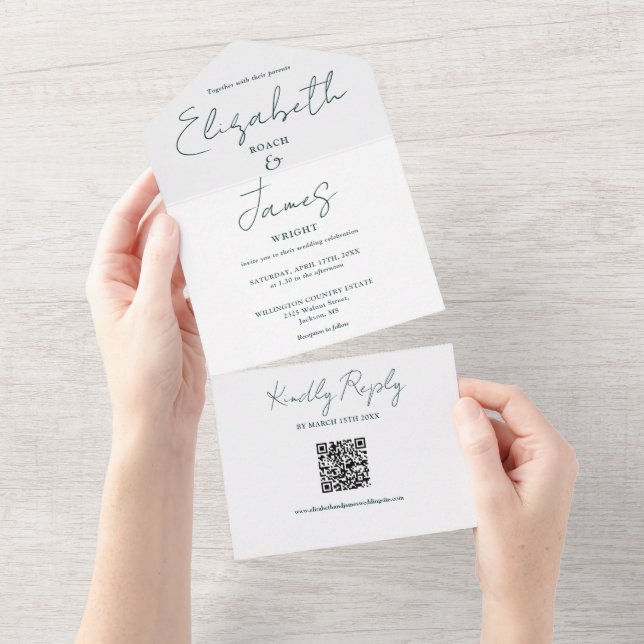 Chic smaragdgrön elegant script QR-kod bröllop (Avrivbar del)