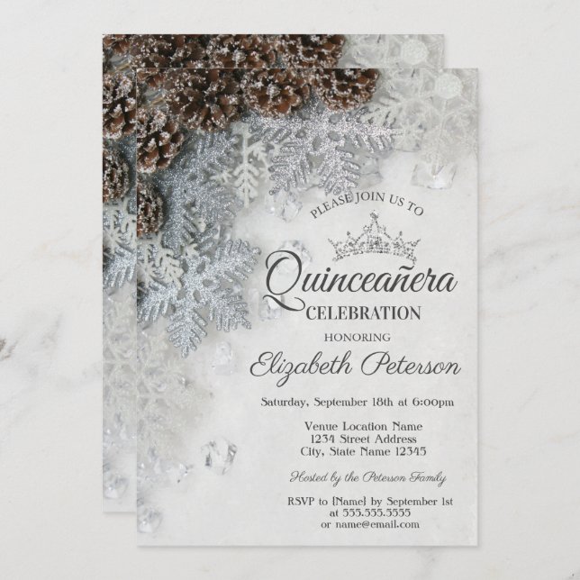 Chic Snowflakes Pine Cones Quinceañera  Inbjudningar (Fram/baksida)