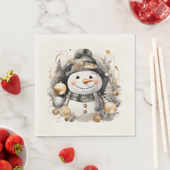 Chic Snowman: Black and Gold Holiday Charm Pappersservett (Insitu)