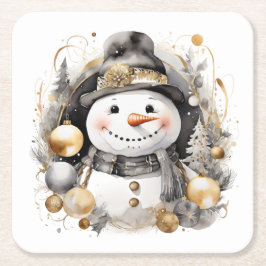 Chic Snowman: Black and Gold Holiday Charm Underlägg Papper Kvadrat