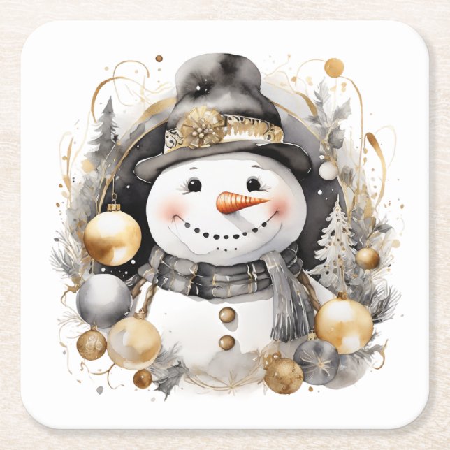 Chic Snowman: Black and Gold Holiday Charm Underlägg Papper Kvadrat (Framsidan)