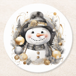 Chic Snowman: Black and Gold Holiday Charm Underlägg Papper Rund