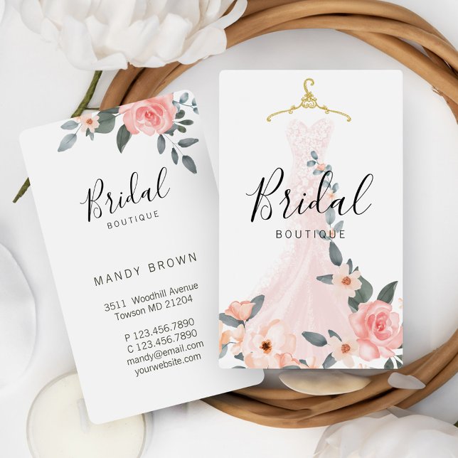 Chic Snyggt Blommigt Bröllop Dress Möhippa Boutiqu Visitkort (Chic Stylish Floral Wedding Dress Bridal Boutique Business Card)