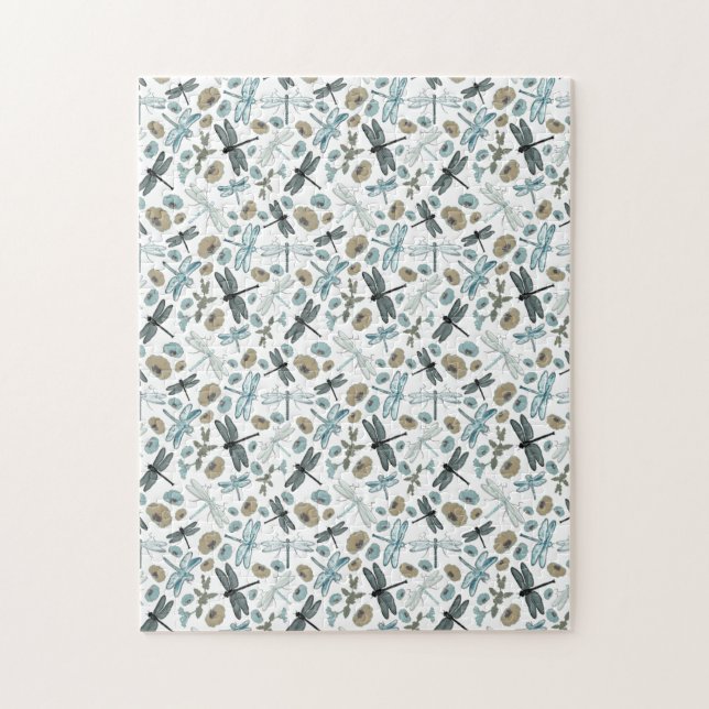 Chic Snyggt Dragonflies Blues Teals Grått Flowers Pussel (Vertikal)