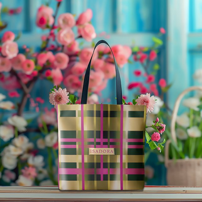 Chic & Snyggt Fuchsia Grönt P Personlig Tygkasse (Stylish Spring Pink and Green Monogram Tote)