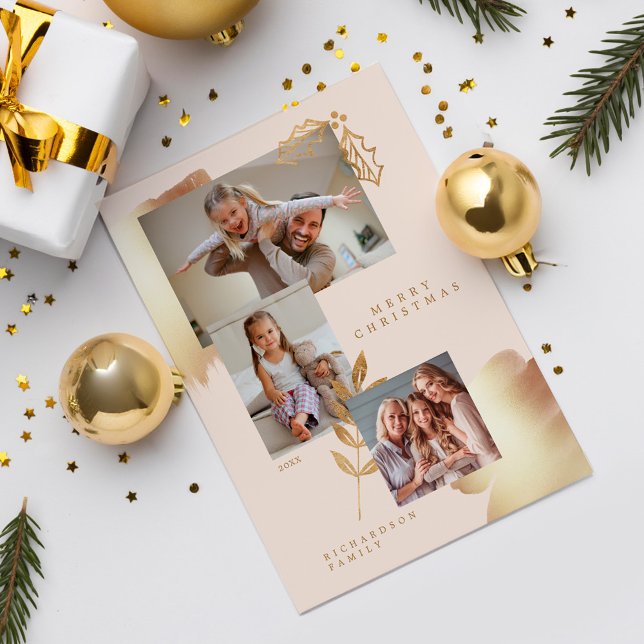 Chic Snyggt Guld och  Rosa Foliage Photos Julkort (Chic Stylish Gold and Blush Pink Foliage Photos Holiday Card)