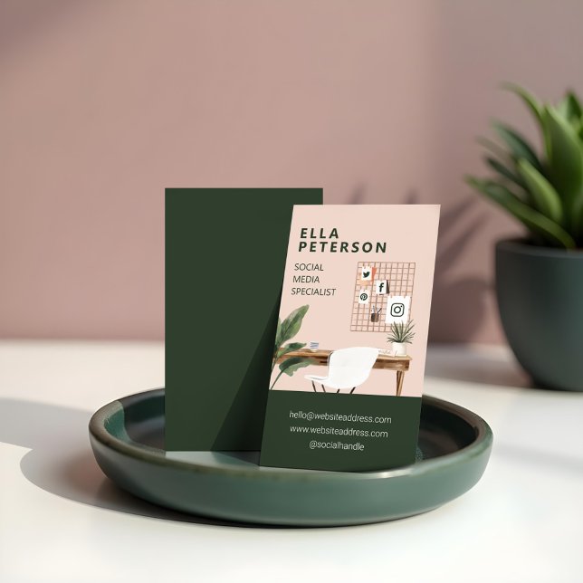 Chic Snyggt Workstation Office Desk Social Media Visitkort (Chic Stylish Workstation Office Desk Social Media Business Card)