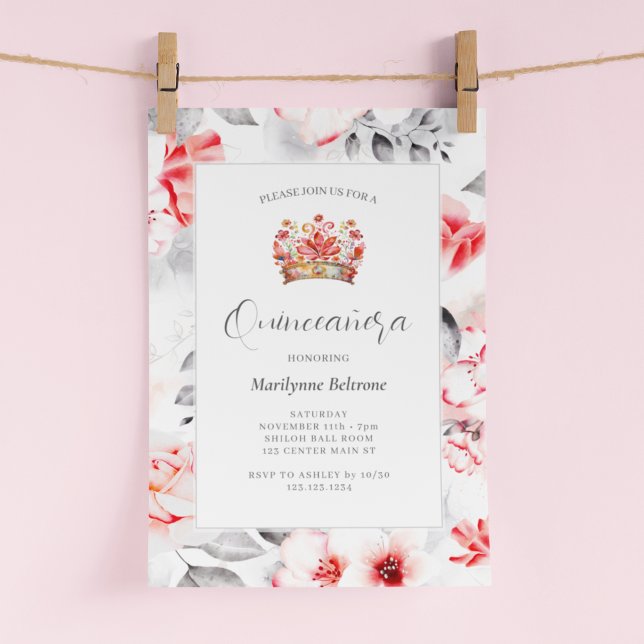 Chic Sofistikerad röd Blommigt Quinceañera Inbjudningar (Skapare uppladdad)