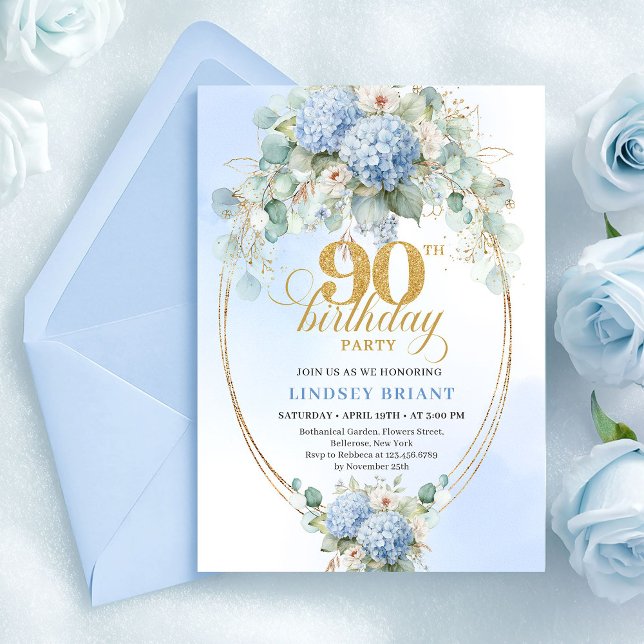 Chic Soft Blue Floral Eucalyptus 90th Birthday Inbjudningar (Chic Soft Blue Floral Eucalyptus 90th Birthday)