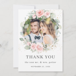 Chic Soft Hued  Rosa Blommigt Greenery Photo Tack Kort