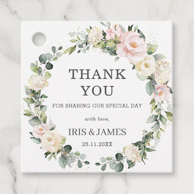 Chic Soft Ivory  Blommigten Bröllop Tack Gåvor Etiketter (Framsida)