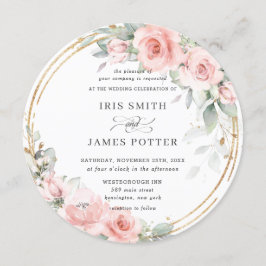 Chic  Soft Rosa Blommigt Guld Greenery Bröllop Inbjudningar
