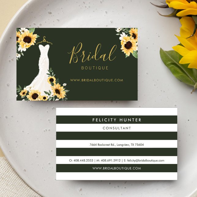 Chic Solros Bröllop Dress Möhippa Boutique Visitkort (Chic Sunflower Wedding Dress Bridal Boutique Business Card)