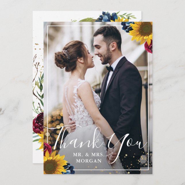 Chic Solros Burgundy Navy Blue Blommigt Photo Tack Kort (Fram/baksida)