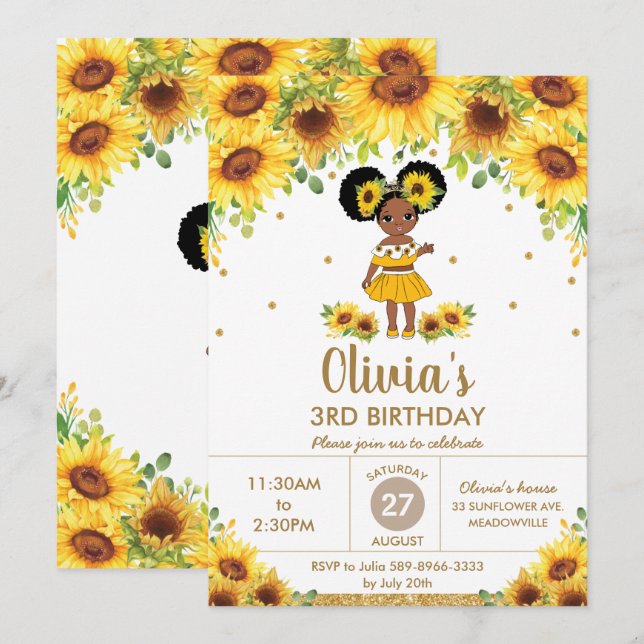 Chic Solros Cute African Girl Birthday Inbjudningar (Fram/baksida)