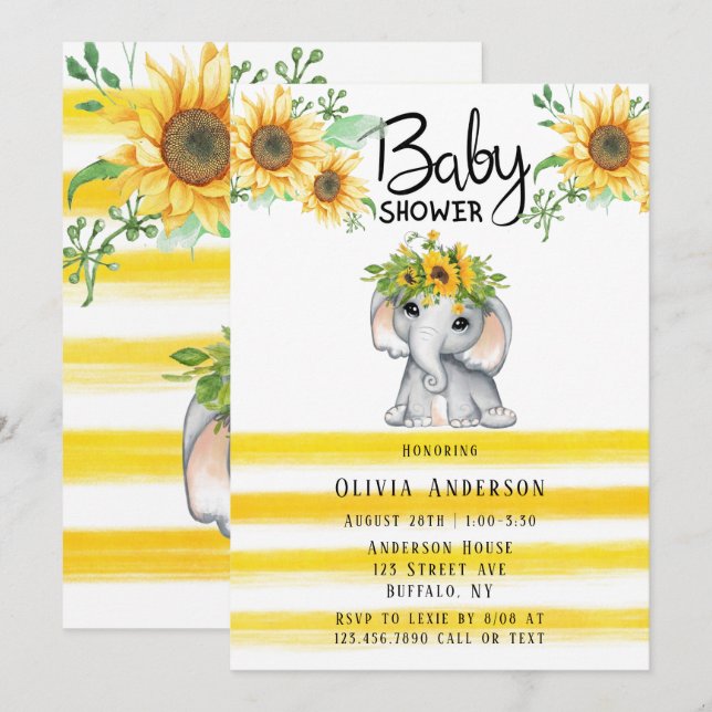 Chic Solros Elephant Girl Baby Shower bjudan Inbjudningar (Fram/baksida)