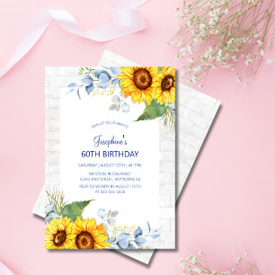 Chic Solros White Grått Brick Blommigt Birthday Inbjudningar