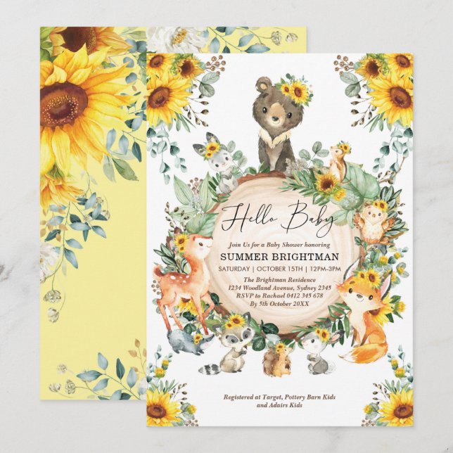 Chic Solros Woodland Forest Animals Baby Shower Inbjudningar (Fram/baksida)