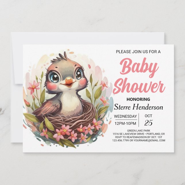 Chic Songbird Woodland Bird Baby Shower Inbjudningar (Framsida)