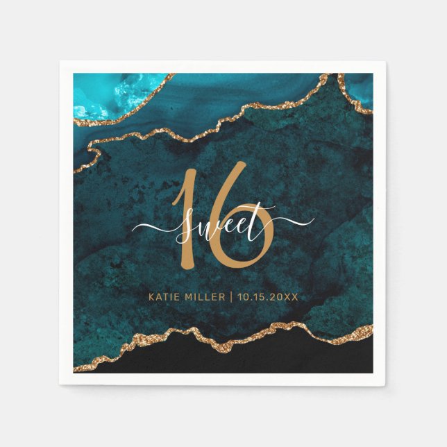 Chic Söt 16 Teal Guld Agate Anpassat namn Party Pappersservett (Framsidan)