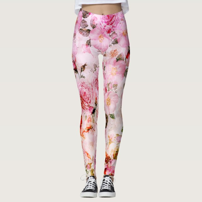 Chic Söt  Rosa Watercolor Rosor Blommigt Leggings (Framsida)