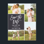 Chic Spara datum 4-fotokollage Meddelande Vykort<br><div class="desc">Det här moderna Spara datumfotovykortet har en 4-fotokollage och ett modernt penselskriptteckensnitt. Lägg till ytterligare information,  t.ex. bröllop webbplats,  eller lägg till hashtaggen bröllop på baksidan. Kontakta vår designerbutik om du vill ha fler alternativ/varianter för färg.</div>