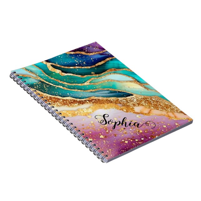 Chic Sparkly Glitter Golden Rainbow Agate Glamor Anteckningsbok (Högra Sidan)