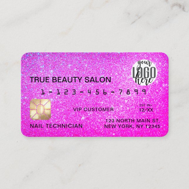 Chic Sparkly Neon Lila Glitter Kredit Logotyp Visitkort (Framsida)