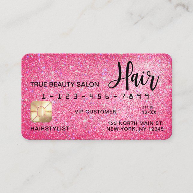Chic Sparkly Neon Rosa Glitter Kredit Card Hair Visitkort (Framsida)