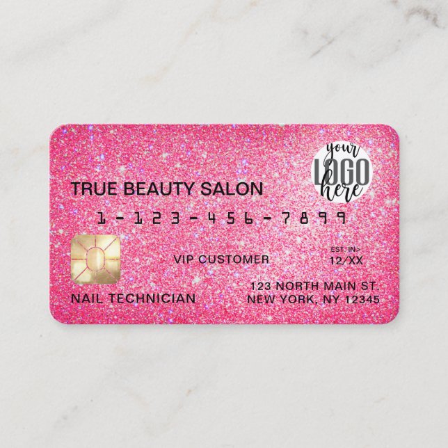 Chic Sparkly Neon Rosa Glitter Kredit Card Logotyp Visitkort (Framsida)