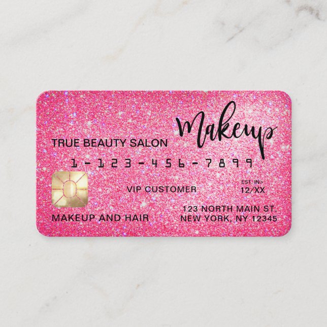 Chic Sparkly Neon Rosa Glitter Kredit Card Makeup Visitkort (Framsida)