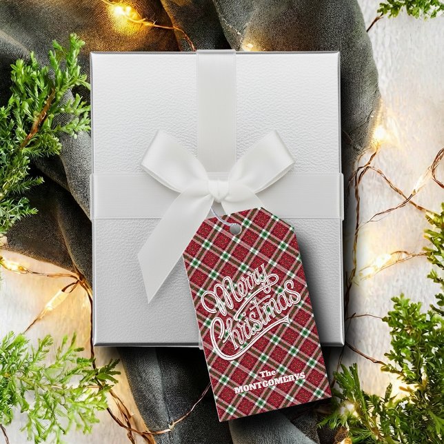 Chic Sparkly Plaid Christmas  Presentetikett (Chic personalized faux sparkly plaid Merry Christmas favor or gift tags)