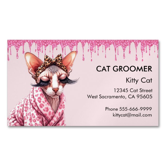 Chic Sphynx Cat Service Rosa Glitter-drivning Magnetiska Visitkort (Framsida)