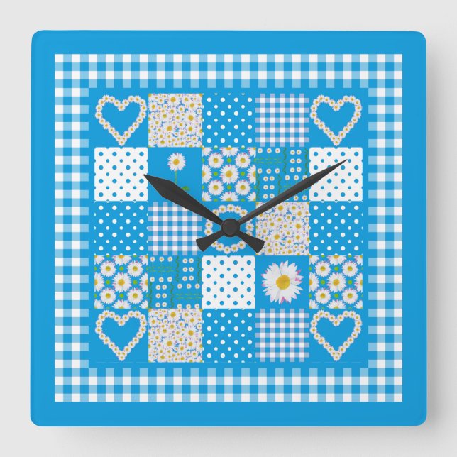 Chic Square Wall Clock: Daisychains Faux Patchwork Fyrkantig Klocka (Framsida)