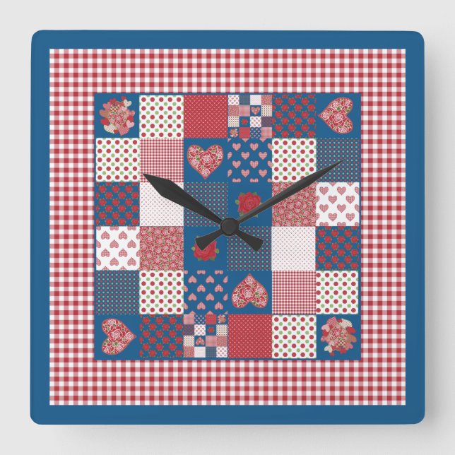Chic Square Wall Clock, Faux-Patchwork, Gingham Fyrkantig Klocka (Framsida)