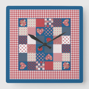 Chic Square Wall Clock, Faux-Patchwork, Gingham Fyrkantig Klocka