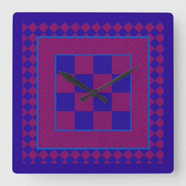 Chic Square Wall Clock, Lila, Blue, Plum Polkas Fyrkantig Klocka (Framsida)