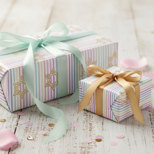 Chic Star of David Rainbow Striped Pattern Presentpapper (Adorable Star of David Wrapping Paper for Her. Cute Girly Rainbow Multicolored Striped Pattern)