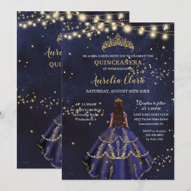Chic Starry Navy Blue Dress Guld Quinceañera Inbjudningar (Fram/baksida)