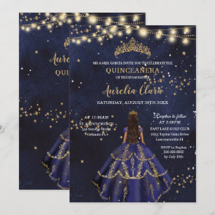 Chic Starry Navy Blue Dress Guld Quinceañera Inbjudningar