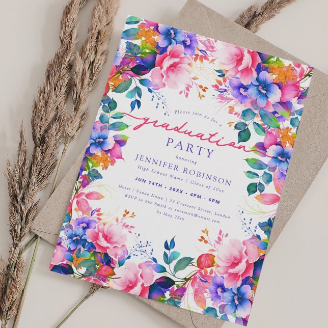 Chic Studentfest för färgfull Blommigt av kläder Inbjudningar (Chic Colorful Garden Floral Graduation Party Invitation)