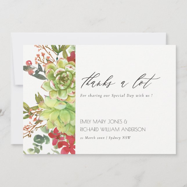 Chic Succulent Desert Cactus Red Blommigt Bröllop Tack Kort (Framsida)