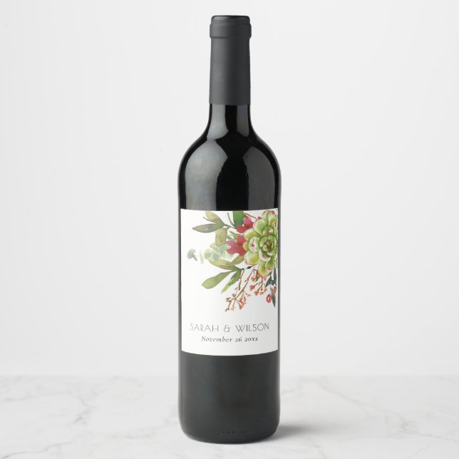 Chic Succulent Desert Cactus Red Blommigt Bröllop Vinflaska Etikett (Framsida)