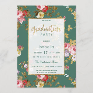 Chic summery grönt rosa guld blommigt Studenten Inbjudningar