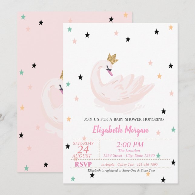 Chic svan, stjärnor, prinsessa  baby shower  inbjudningar (Fram/baksida)