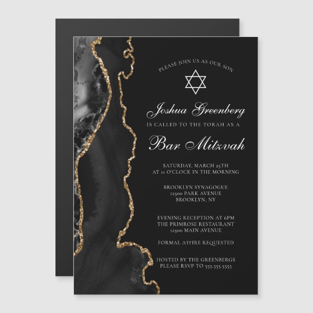 Chic Svart Guld Agat Bar Mitzvah-fest Magnetisk Inbjudningskort (Fram/baksida)