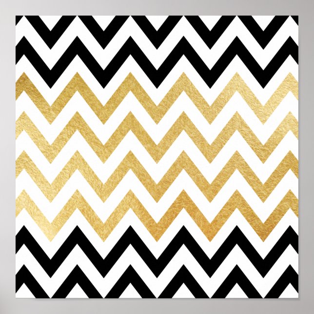 Chic svart guld faux löv chevron mönster poster (Framsidan)