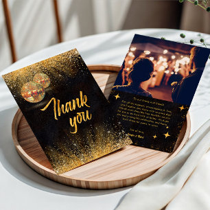 Chic Svart Guld Glitter Disco Bollar Bröllopsfoto Tack Kort