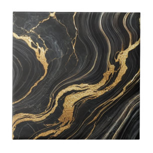 Chic Svart & Guld Metallisk Marmor Utseende Glamou Kakelplatta